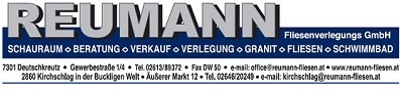 Visitenkarte der Reumann Fliesenverlegungs GmbH mit Informationen zu Schauraum, Beratung, Verkauf und Verlegung von Fliesen, Granit und Schwimmbädern