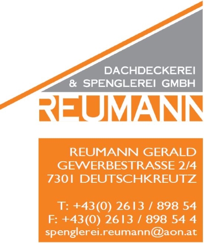 Logo und Kontaktdaten der Dachdeckerei & Spenglerei Reumann GmbH mit Adresse, Telefonnummer und E-Mail