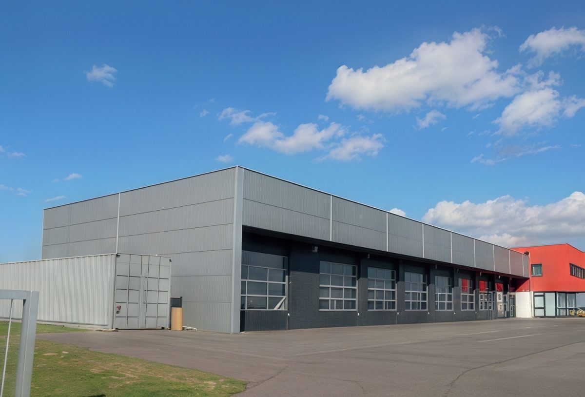 Moderne Industriehalle mit mehreren großflächigen Sektionaltoren und Fassadenverkleidung aus Metallpaneelen – geeignet für Lagerung, Logistik oder Produktion.